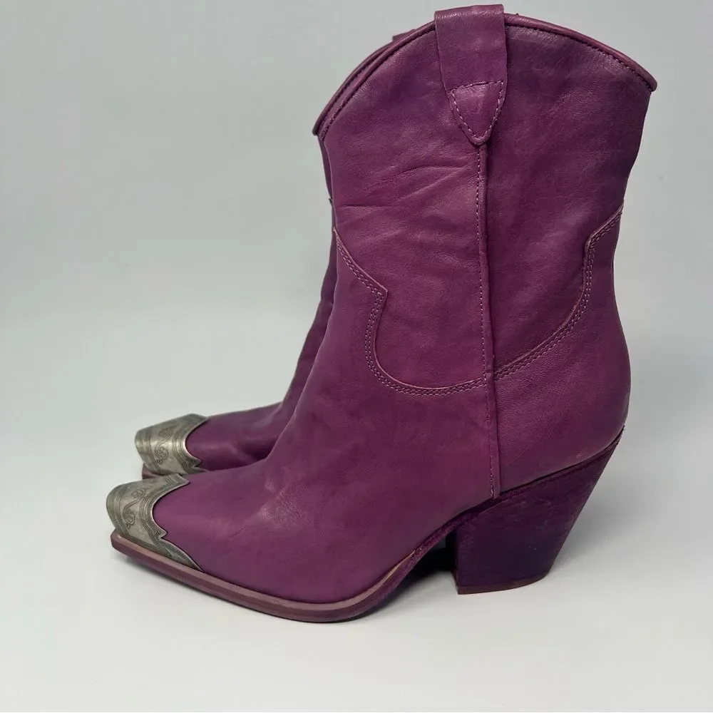 Free People Purple Suede Western Ankle Boots with Metal Toe Cap